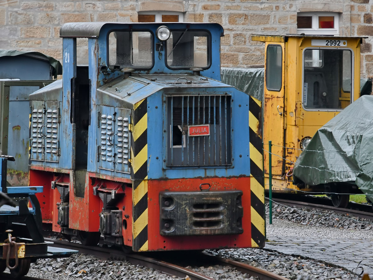 Die DIEMA DS90  Julia  fuhr bis 1984 für die Bundesmarine im Munitionsdepot Laboe bei Kiel. (Gruben- und Feldbahnmuseum Zeche Theresia Witten, April 2018)