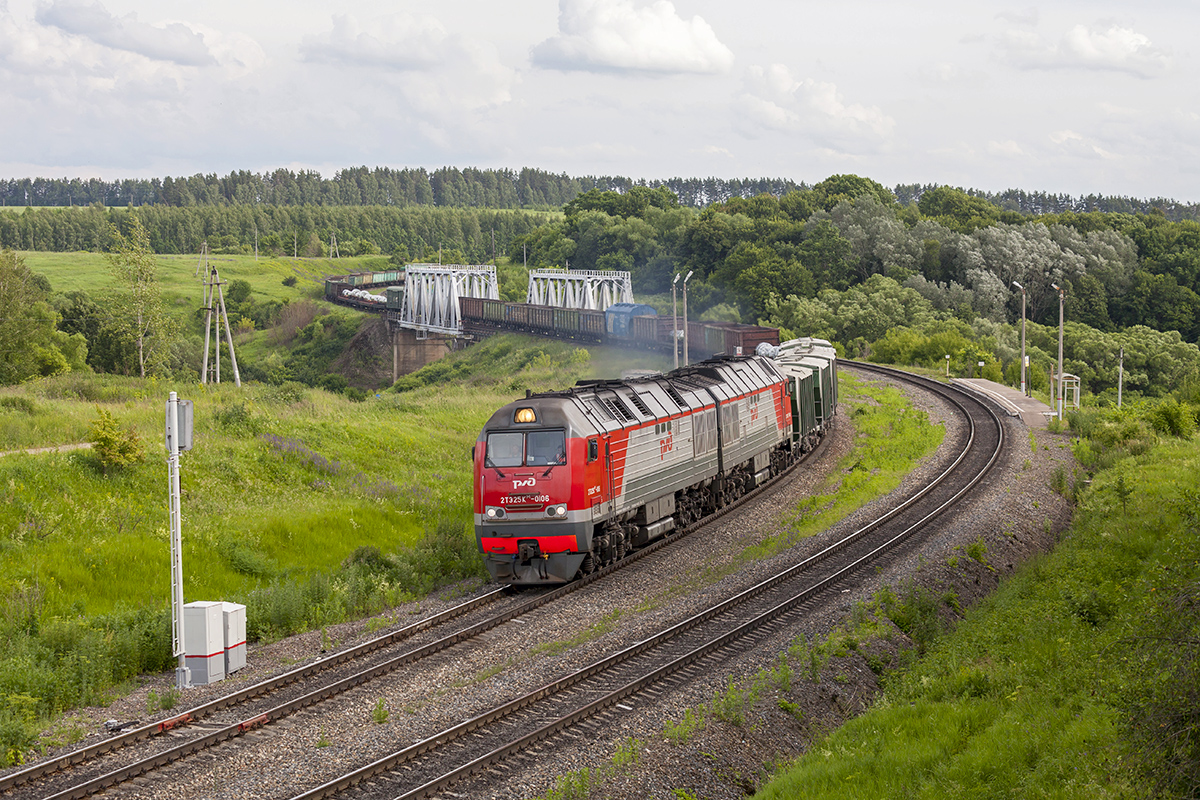 Die Diesellok 2TE25KM-0106 fahren auf die Streke Wenjow – Mordves mit einem Güterzug am 1. Juli 2017.