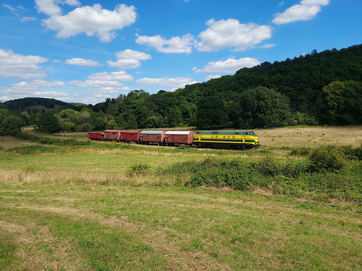 Die Diesellok 6086 mit ein klein Güterzug (4x Gkklm und 1x Tms) zwischen Treignes und Vierves, 16-07-2022
