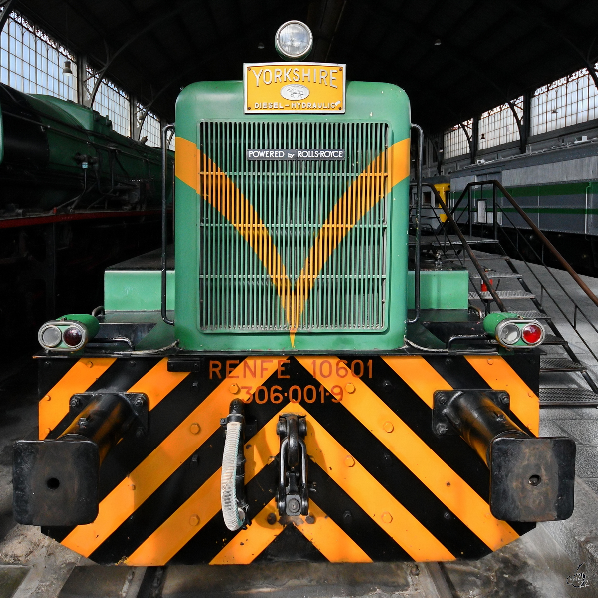 Die Diesellokomotive 10601 (306-001-9) stammt aus dem Jahr 1968 und wurde bei der Yorkshire Engine Company in Groß-Britannien hergestellt. (Eisenbahnmuseum Madrid, November 2022)