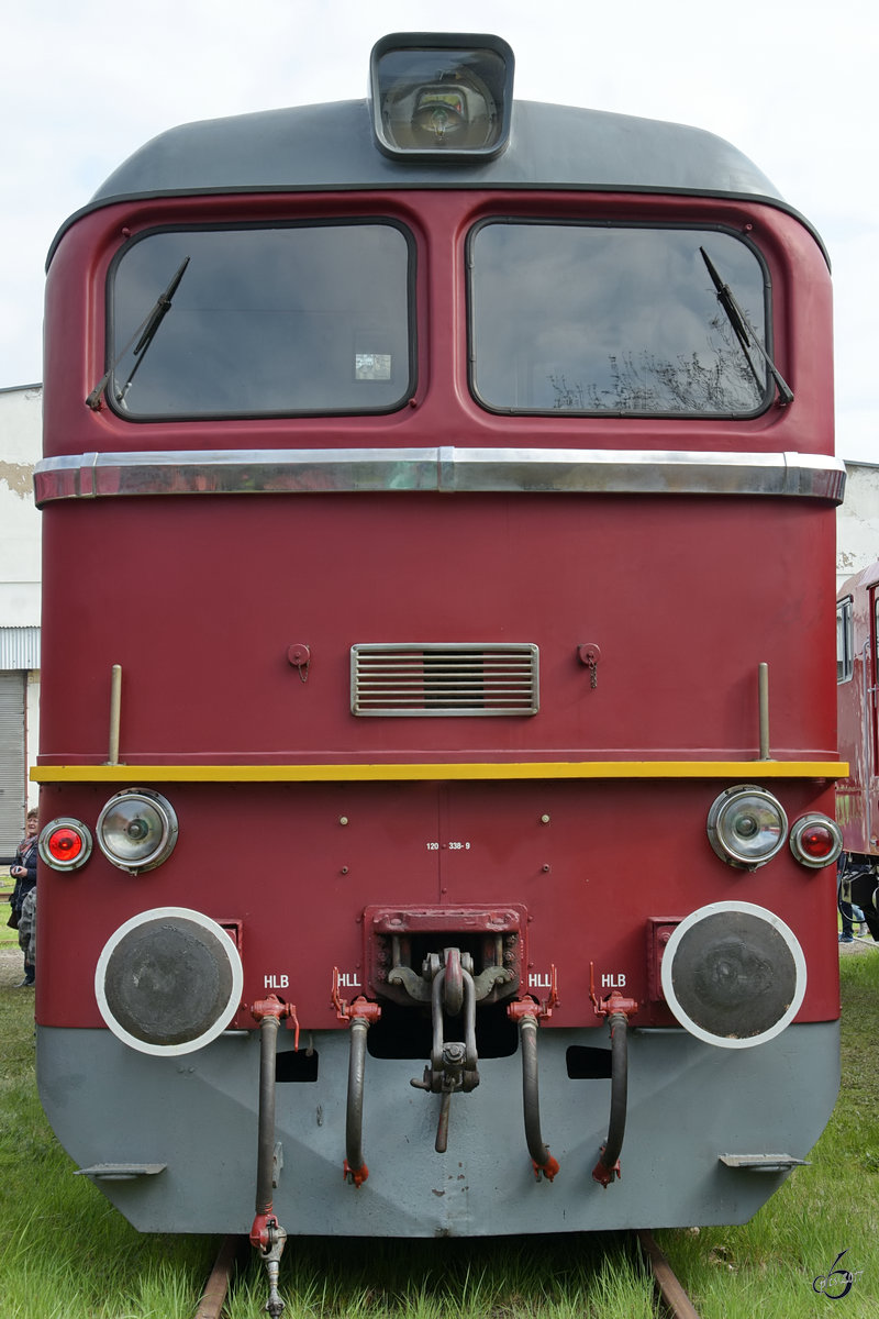 Die Diesellokomotive 120 338-9 Anfang April 2017 in Dresden-Altstadt.