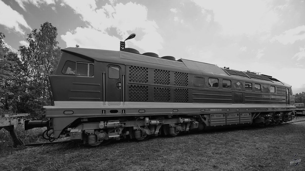 Die Diesellokomotive 132 010-0 steht im Eisenbahnmuseum Weimar. (August 2018)