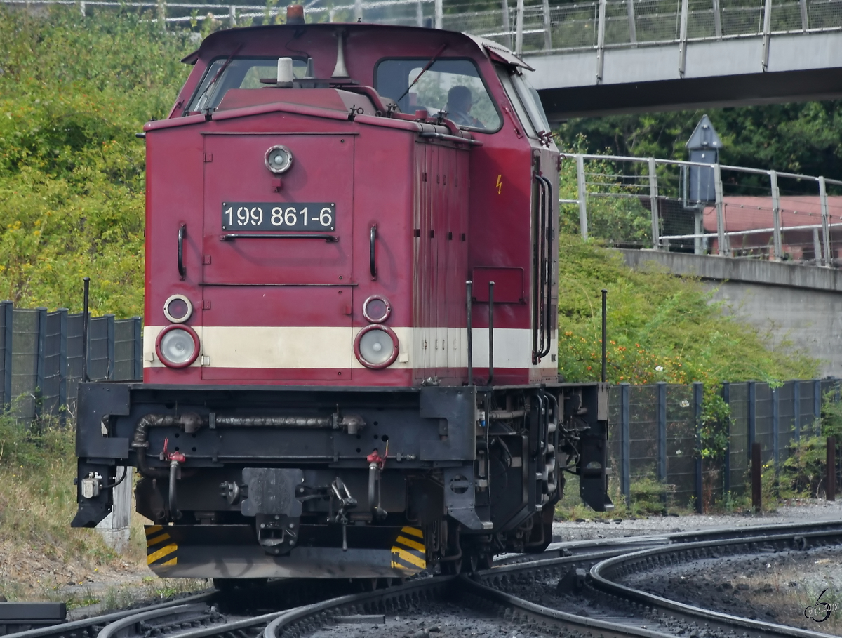 Die Diesellokomotive 199 861-6 rangiert Anfang August 2018 im Bahnhof Wernigerode.