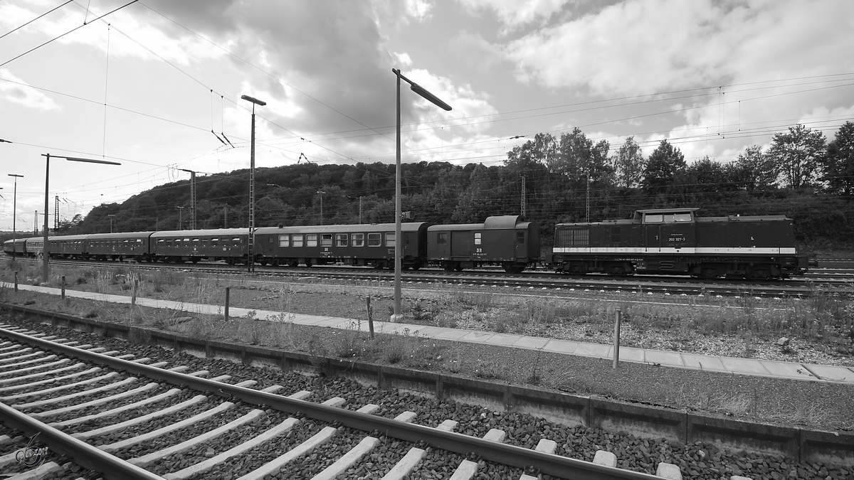 Die Diesellokomotive 202 327-3 war Anfang Juli 2019 mit einem historischen Sonderzug zu Besuch in Altenbeken.