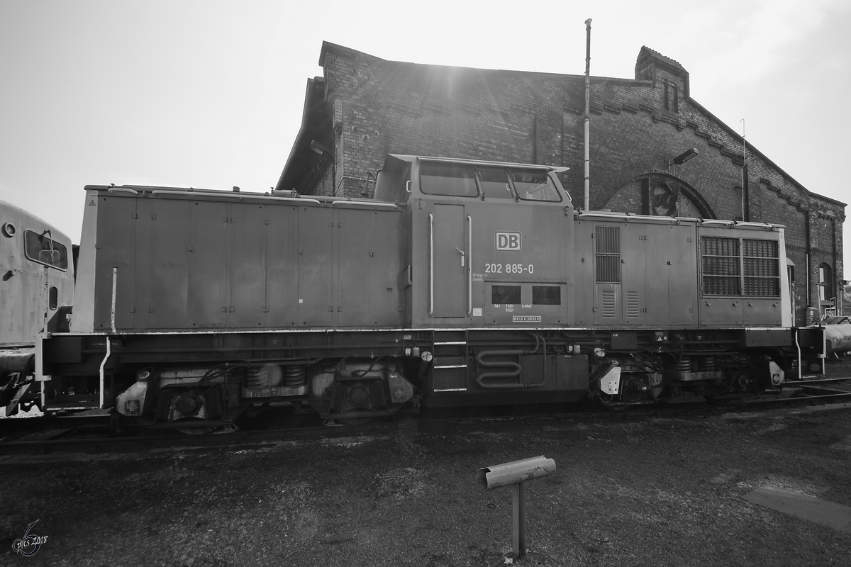 Die Diesellokomotive 202 885-0 Anfang April 2018 im Sächsischen Eisenbahnmuseum Chemnitz-Hilbersdorf.