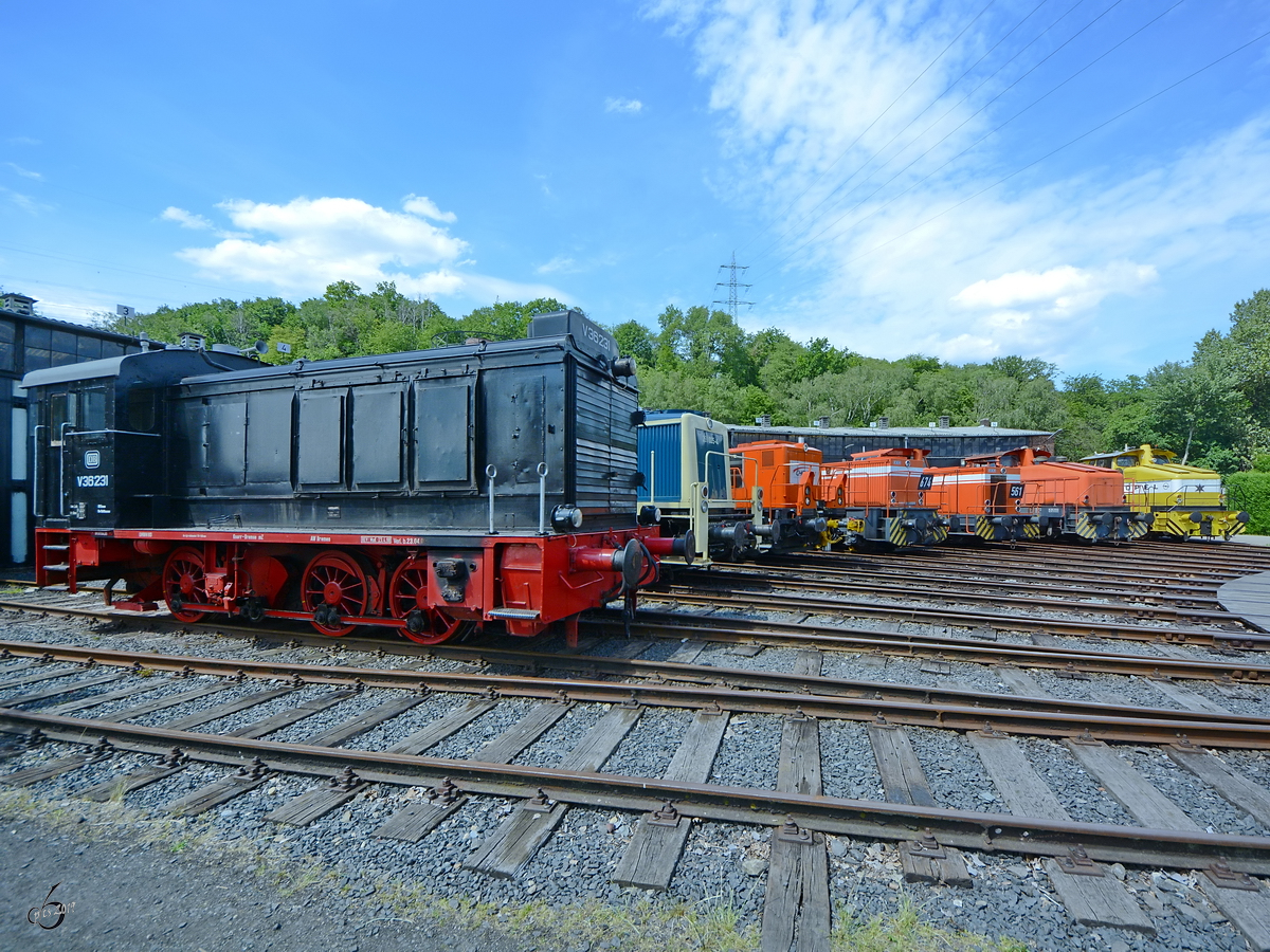 Die Diesellokomotive V36 231 und eine Vielzahl ihrer  Nachkommen  wurde um die Drehscheibe im Eisenbahnmuseum Bochum platziert. (Juni 2019)