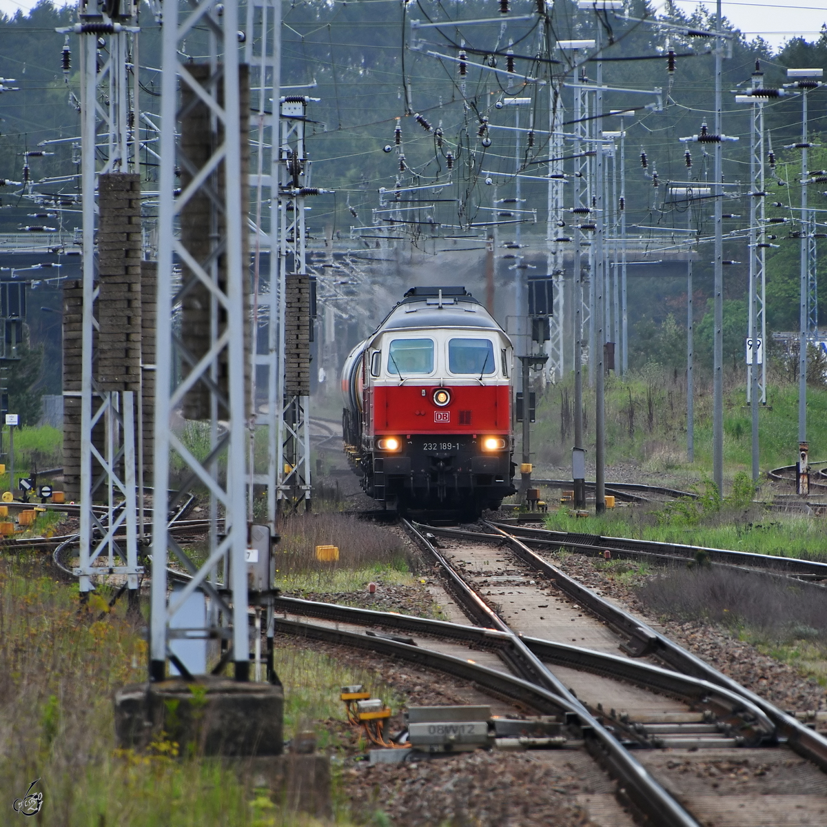 Die Diesellokomotiven 232 189-1 und 232 567-8 sind hier Mitte Mai 2021 mit einem Kesselzug bei der Ankunft in Neustrelitz zu sehen.