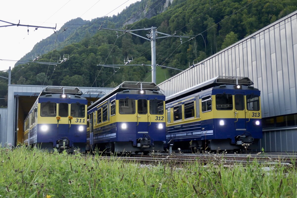 Die drei ABeh 4/4 II 311–313 die am 19.9.25 zum Abschluss vor dem Depot Zweilütschinen aufgestellt wurden.