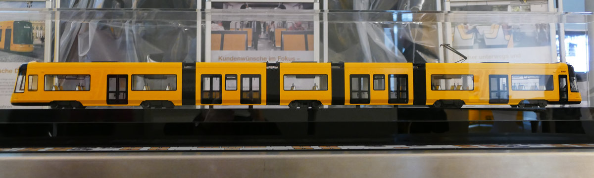 Die Dresdner Verkehrsbetriebe AG hatte eingeladen, am 8. Januar 2020 ein 1:1-Modell des neuen Stadtbahnwagens, (Mockup) zu besichtigen. Am Hintereingang des Verkehrsmuseums hatten sich schon vor 10 Uhr einige Interessierte eingefunden. Angefertigt hat das Modell eine Chemnitzer Designwerkstatt. Es ist neun Meter lang, wiegt 6 Tonnen und zeigt den Innenraum von der ersten Tür bis einschließlich der Fahrerkabine. Nachdem seitens des Bestellers alle Anforderungen abgesprochen worden sind, soll im März 2020 mit der Fertigung in Görlitz und Bautzen begonnen werden. Im Juni 2021 soll das erste der 30 bestellten Ein- (21) und Zweirichtungsfahrzeuge (9) in Dresden auf den Schienen stehen. Die Bezeichnung des Fahrzeugs lautet entsprechend der Informationsbroschüre NGT DX DD. Zu sehen war auch dieses Modell des ganzen Zuges.