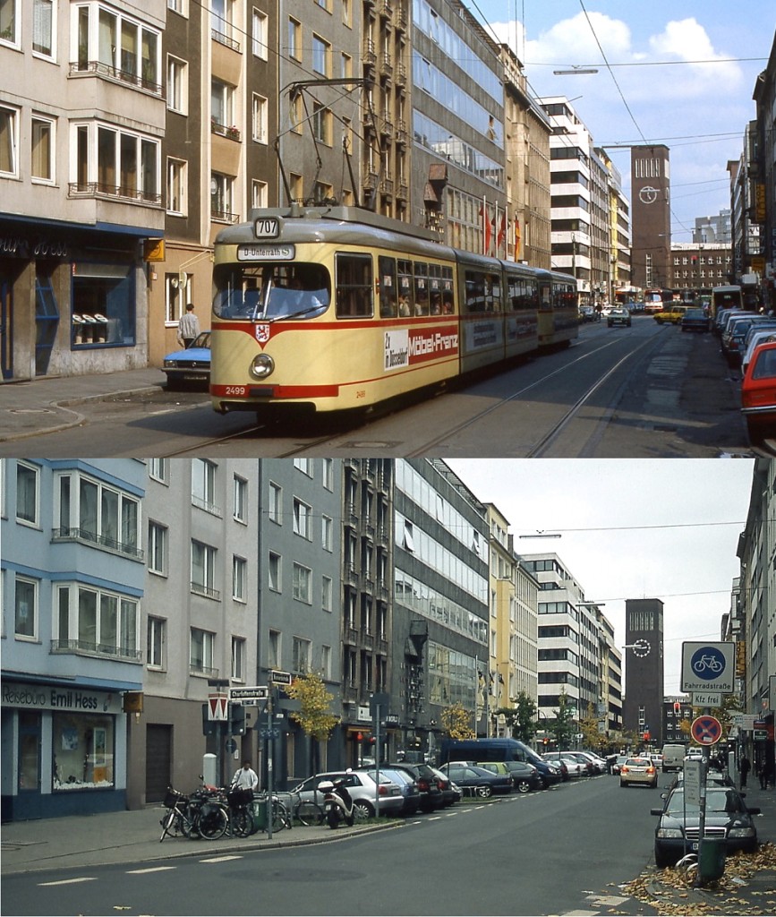 Die Düsseldorfer Bismarckstraße wurde bis zur Eröffnung des U-Bahn-Tunnels im August 1988 von zahlreichen Straßenbahnlinien durchfahren. Das obere Bild zeigt den GT8 2499 im Jahr 1988, unten vom gleichen Standpunkt die Situation 2011.