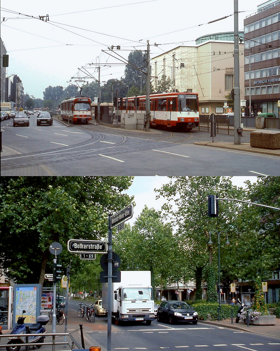 Die Düsseldorfer Rheinbahn einst und jetzt: Viele Jahrzehnte verkehrten die Straßenbahnen in dichter Folge auf der Heinrich-Heine-Allee, dies änderte sich im August 1988 mit der Inbetriebnahme des U-Bahn-Tunnels zum Hauptbahnhof. Seit 1981 fuhren schon die aus dem Düsseldorfer Norden kommenden Linien durch den kurzen Tunnel zum Kennedydamm, sie benutzen die beiden äußeren Gleise der viergleisigen Station. Die innenliegenden Gleise wurden von den aus dem Linksrheinischen kommenden Linien benutzt. Auf dem oberen Bild, das Mitte der 1980er Jahre entstand, treffen sich der aus Neuss kommende Stadtbahnwagen B80 4217 und ein GT8SU, der kurz vorher über die Tunnelrampe wieder ans Tageslicht gelangt ist. Unten die Situation 2011. Heute spielt sich der Schienenverkehr komplett unterirdisch ab: Auf zwei Ebenen mit insgesamt sechs Bahnsteiggleisen kreuzen sich hier .die Stadtbahnlinien mit der Ost-West-U-Bahn.