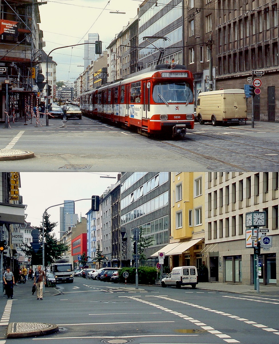 Die Düsseldorfer Rheinbahn einst und jetzt: Bis zur Inbetriebnahme des U-Bahn-Tunnels zum Hauptbahnhof im August 1988 herrschte dichter Straßenbahnverkehr auf der Bismarckstraße. Oben fährt Mitte der 1980er Jahre der GT8SU 3233 Richtung Hauptbahnhof, unten zeigt sich die Bismarckstraße im Jahre 2011 ohne Gleise.