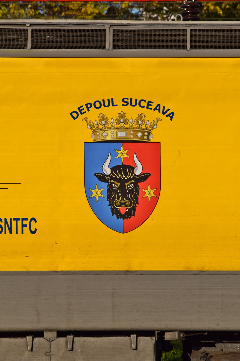 Die E-Lok 91-63-0-410431-7 trägt mit Stolz dass Wappen des Kreises Suceava, wo sie auchh beheimatet ist. Aufnahme im Nordbahnhof Bukarest am 13.10.2018.