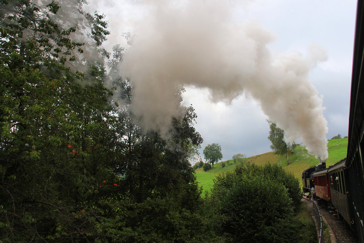 Die Eb3/5 von 1910 der ehemaligen Bodensee-Toggenburg-Bahn (später SBB 5881-5889): Lok 5889 im DVZO-Einsatz beim Aufstieg von Hinwil nach Bäretswil. 2.September 2018 