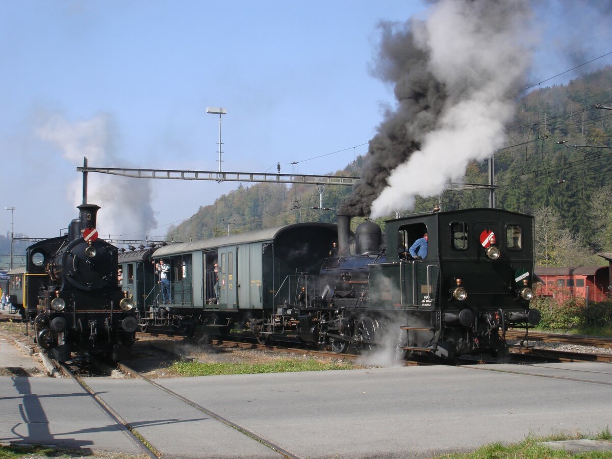 Die Ec 3/5 3 (Baujahr 1912) des Vereins Historische Mittelthurgaubahn wartet am 14. Oktober 2007 in Bauma auf ihren nächsten Einsatz, während daneben die DVZO-E 3/3 10 (ehemals SBB E 3/3 8476, Baujahr 1907) mit einem historischen Personenzug vorbeifährt.