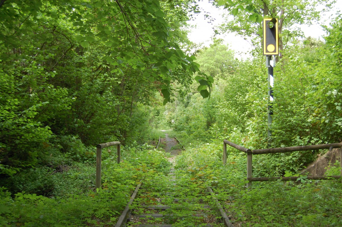 Die ehemalige Echaztalbahn zwischen Reutlingen Hauptbahnhof und dem alten Südbahnhof mit einem BÜ-Signal am 9. Mai 2015