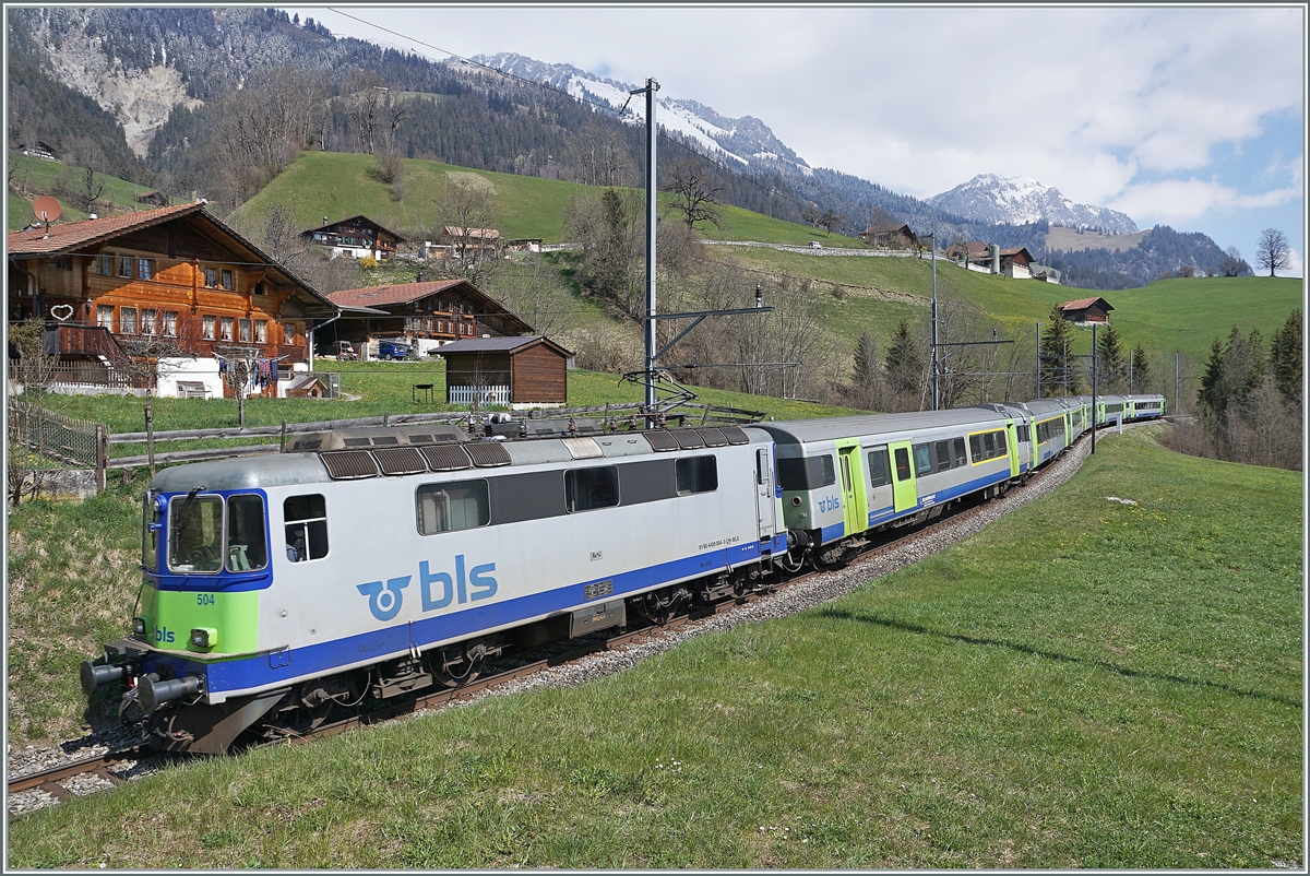 Die Eisenbahn ganz gross: Ziemlich Bildfüllend zeigt sich die BLS Re 4/4 II 504 mit ihrem EW III RE von Interlaken Ost nach Zweisimmen bei Enge im Simmental. 

14. April 2021
