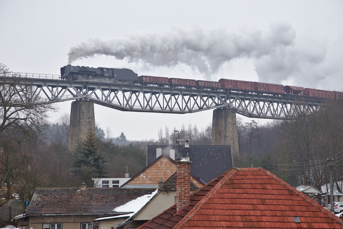 Die Eisenbahnbrücke von Myjava wird gerade von der 556 036 mit einem Güterzug überquert. (16.02.2017)