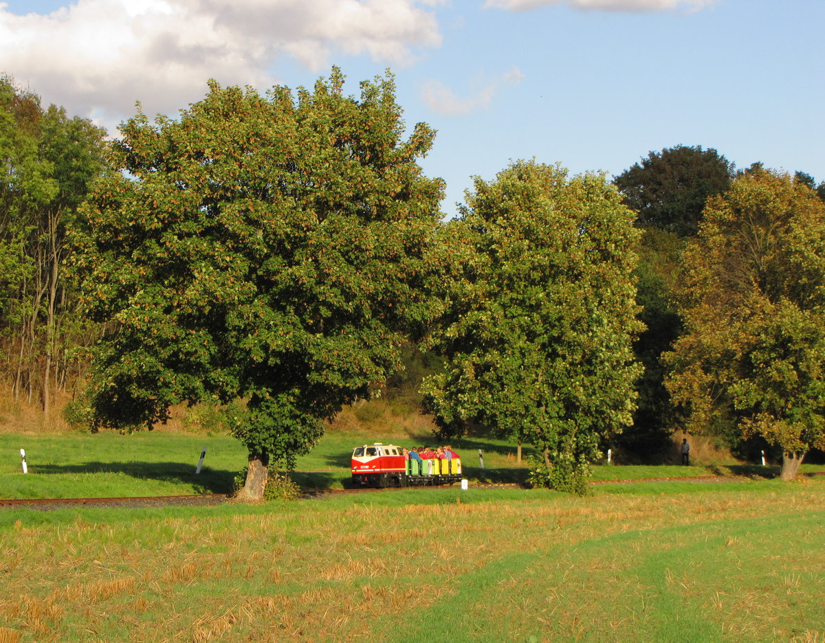 Die EL 9-002 der Parkeisenbahn Vatterode, am 02.10.2016 mit einem Zug vom Bf Wippergrund zum Bf Mansfeld Schleife.