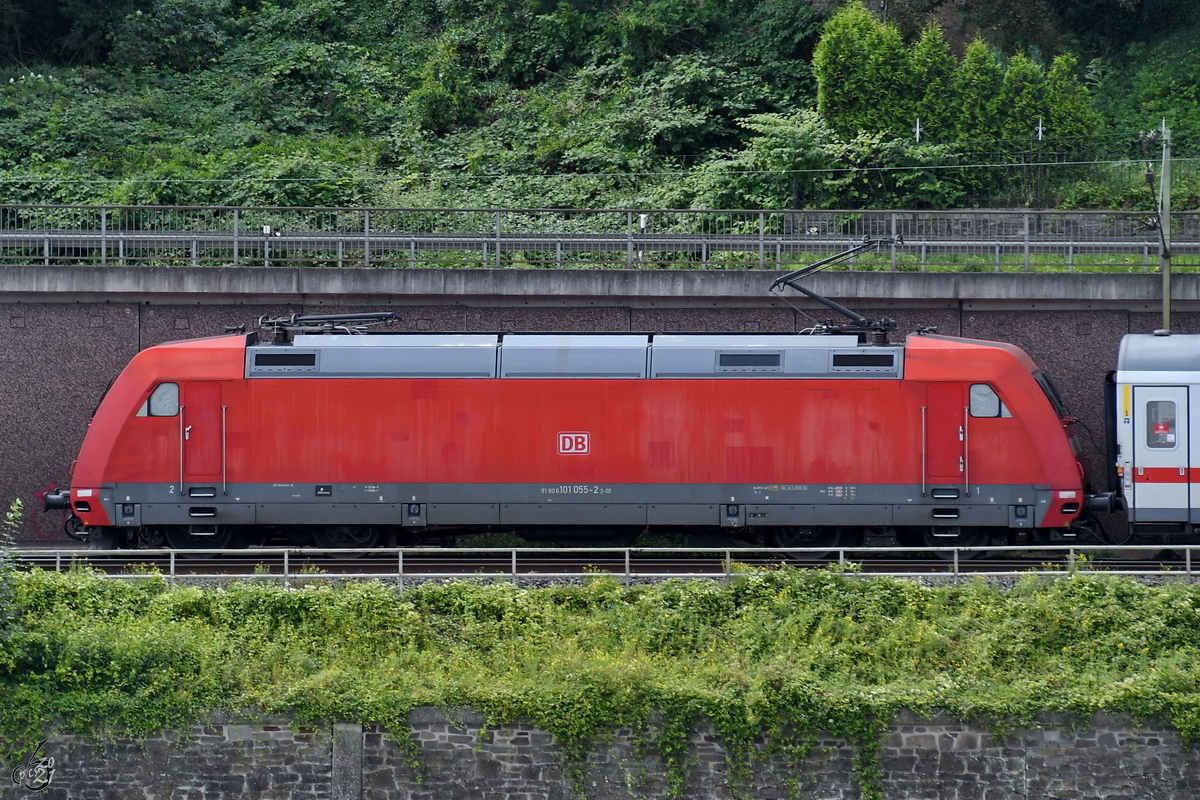 Die Elektrolokomotive 101 055-2 zieht eine IC-Garnitur die linke Rheinstrecke entlang. (Remagen, August 2021)