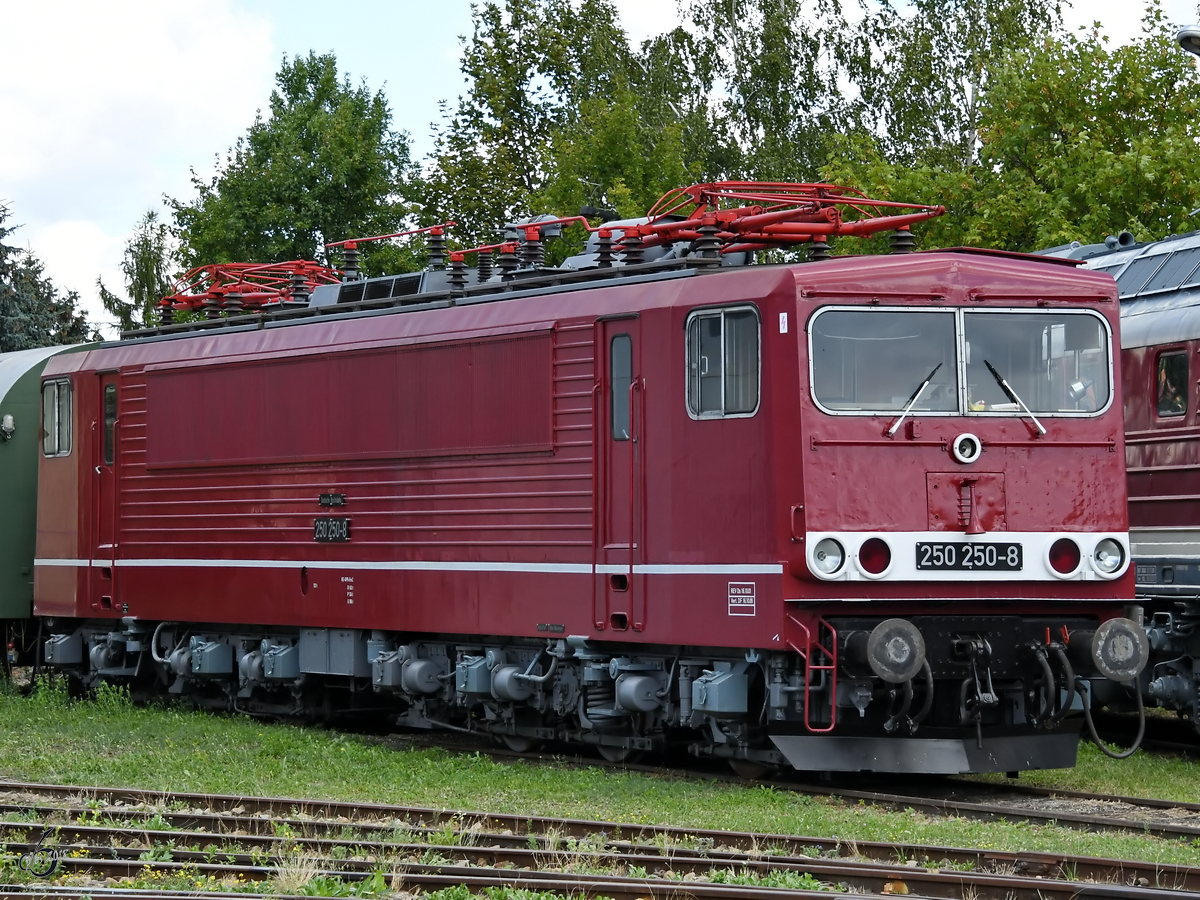 Die Elektrolokomotive 250 250-9 stand Mitte August 2018 im Eisenbahnmuseum Weimar. 