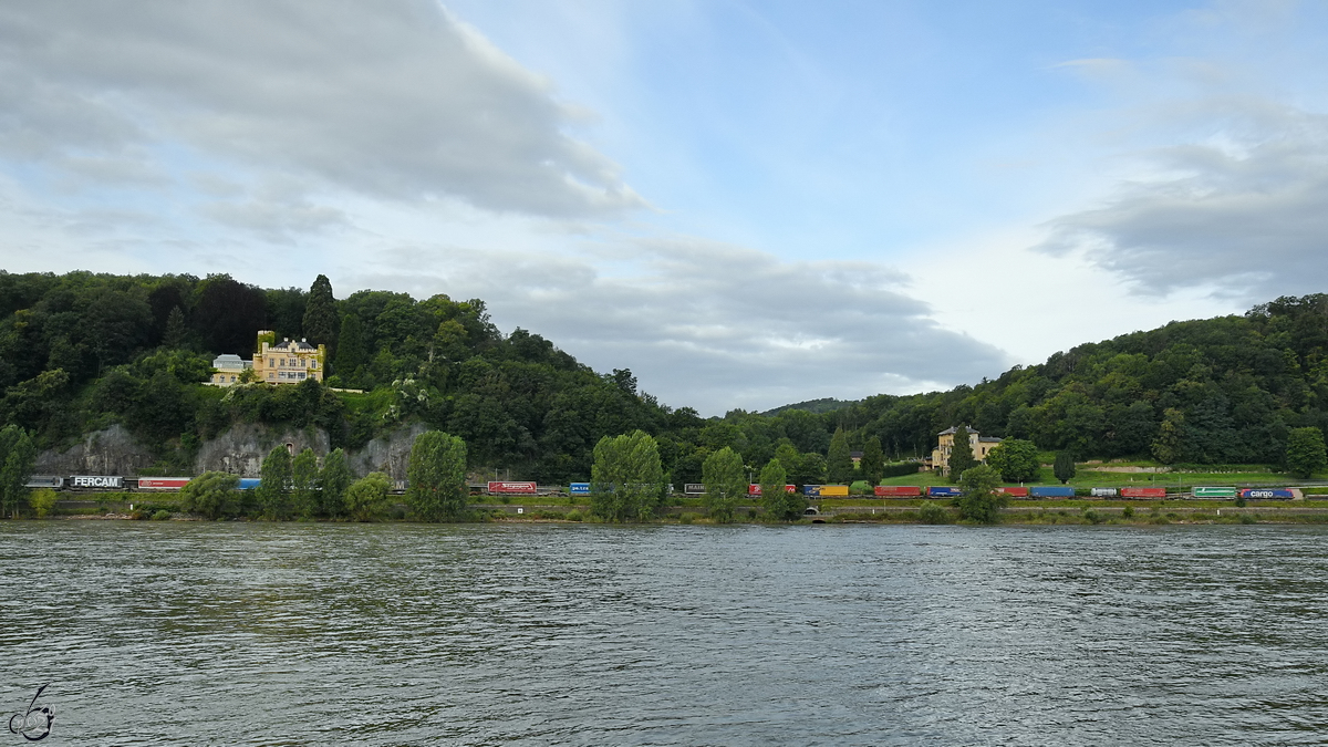 Die Elektrolokomotive 482 027-0 ist mit einem Trailerzug auf der linken Rheinseite bei Remagen unterwegs. (August 2021)