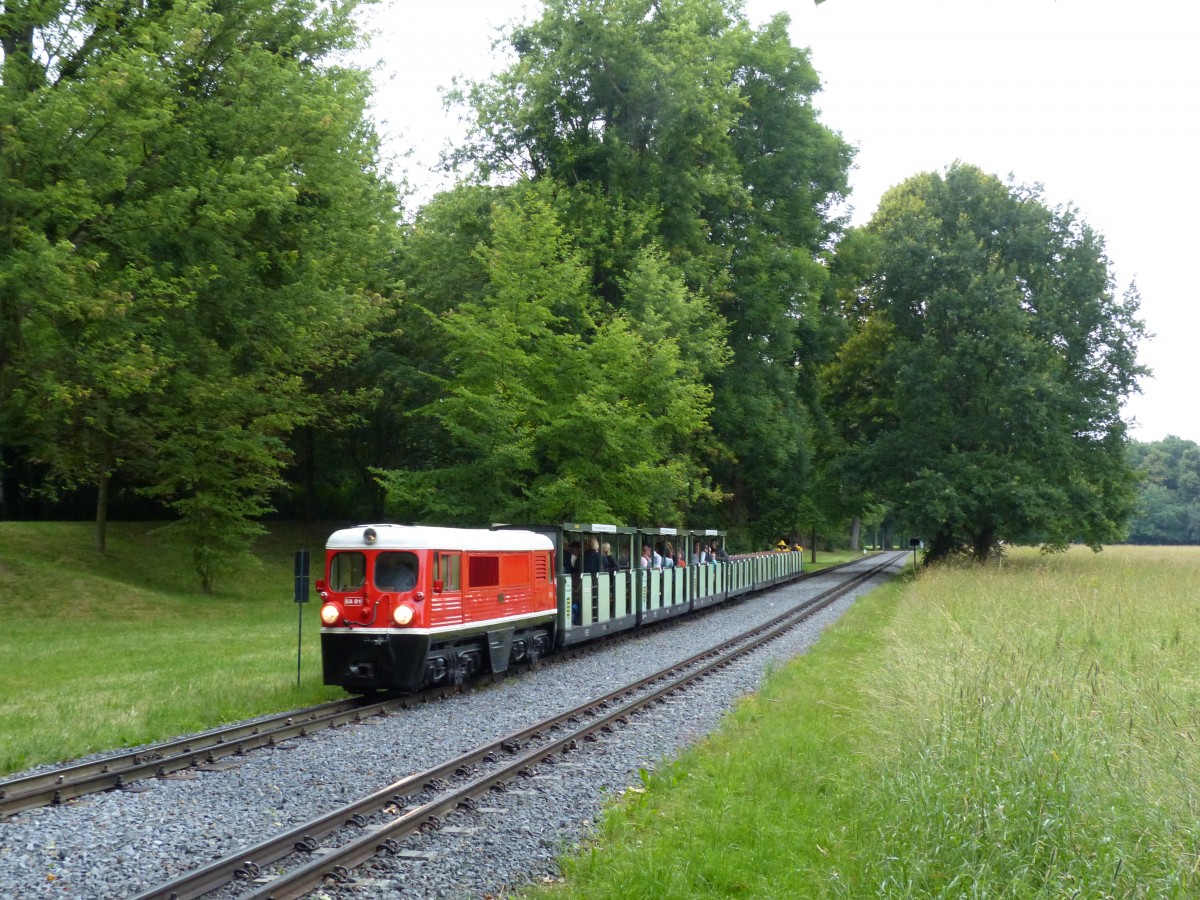 Die Elektrospeicherlokomotive EA01 der Dresdner Parkeisenbahn erinnert stark an österreichische Loks, was aber Zufall ist. Sie ist eine Eigenkonstruktion der Betriebsschule des RAW Dresden und wurde 1961 bis 1962 gebaut. 29.6.2014, kurz vorm Bahnhof Zoo