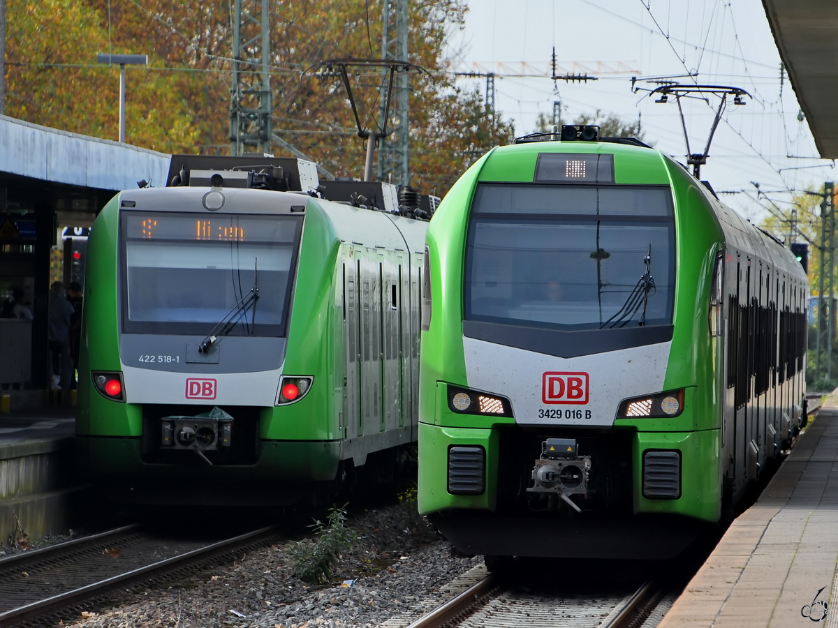 Die Elektrotriebzüge 422 518-1 und 3429 016 B warteten Ende Oktober 2022 am Bochumer Hauptbahnhof auf die Weiterfahrt.