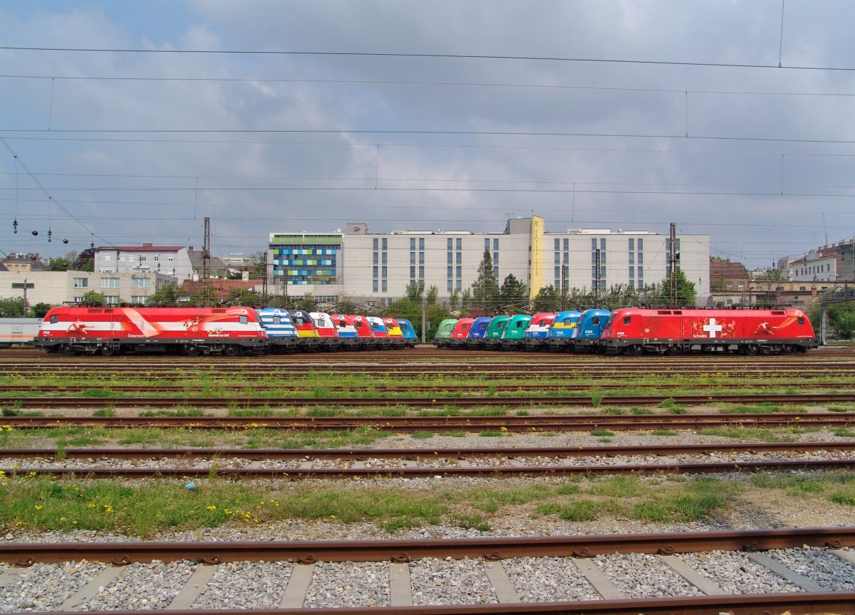 Die EM-Parade in Wien Hütteldorf am 26.08.2008: Links stehen neben der Gastgeber-Länderlok 1116 005, 1116 007 1116 036, 1116 087, 1116 108, 1116 056, 1116 084, 1116 232 und 1116 080, während auf der anderen Seite das zweite Gastgeberland Schweiz alias 1116 075 steht. Dahinter sind 1216 226, 1116 029, 1116 041, 1216 004, 1016 025, 1116 003, 1116 031 und 1116 264 abgestellt. 