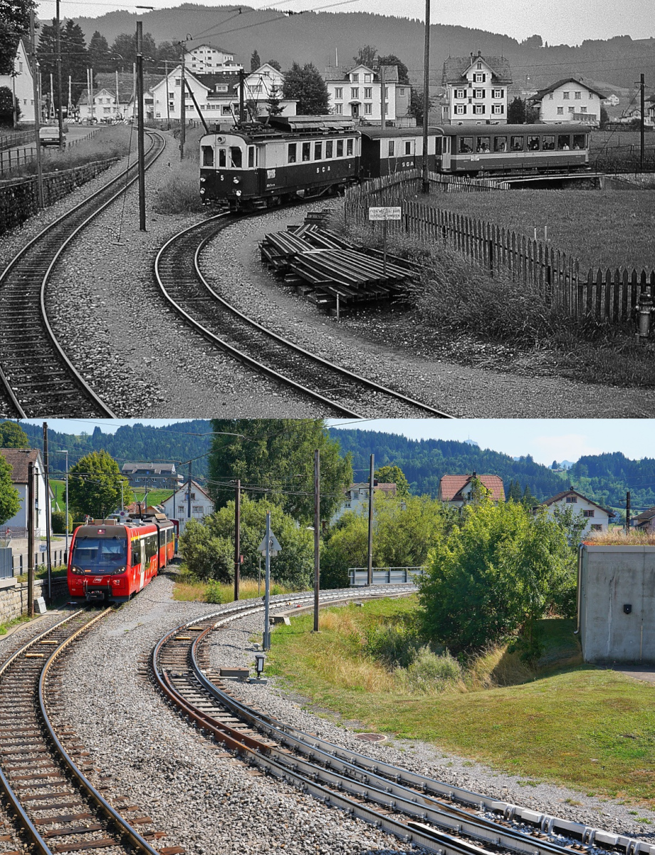 Die enge Kurve, die die Z�ge beim Verlassen des Bahnhofes Gais in Richtung Appenzell durchfahren m�ssen, h�tte sich kein Modelleisenbahner besser ausdenken k�nnen: W�hrend oben der ABDeh 4/4 5 im Fr�hjahr 1979 aus Appenzell eintrifft, kommt auf der unteren Aufnahme ein Beh 4/8 am 12.08.2026 aus Altst�tten an