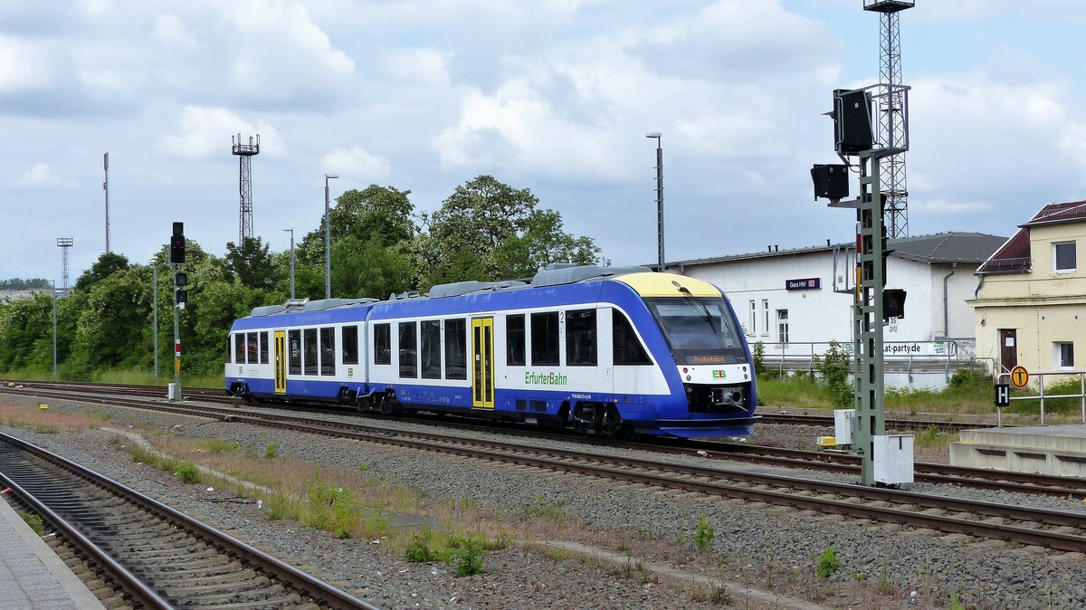 Die Erfurter Bahn auf Probefahrt mit neuer Technik, 9580 0648 213-6 D-EIB, in Gera am 2.6.2023