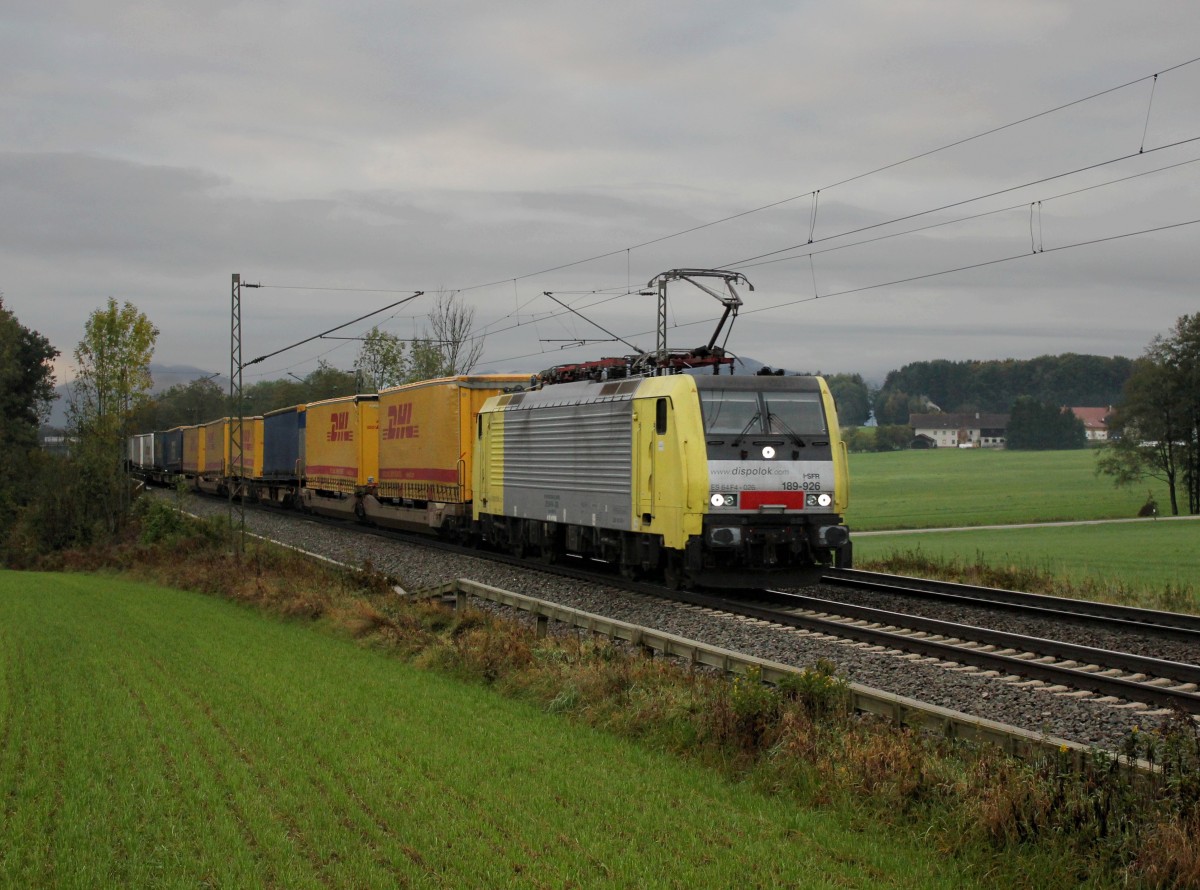 Die ES 64 F4-026 mit einem KLV-Zug am 13.10.2012 unterwegs bei Hilperting.