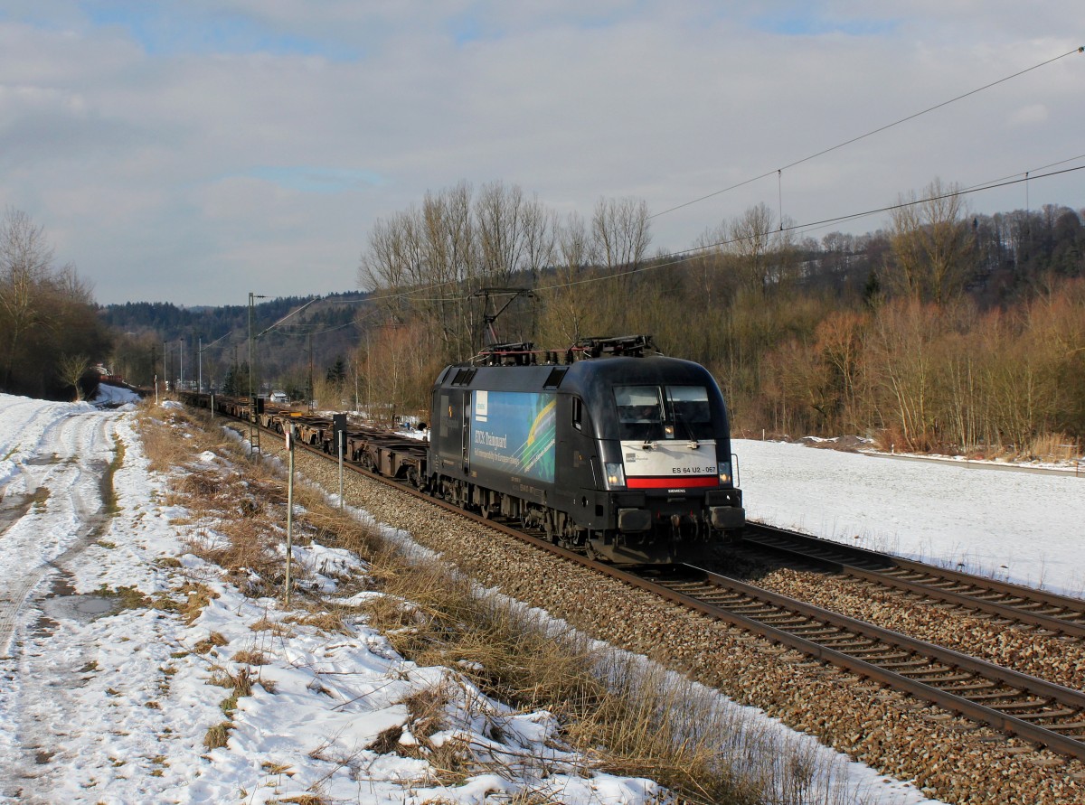 Die ES 64 U 2-067 mit einem Containerzug am 01.02.2015 unterwegs bei Seestetten.