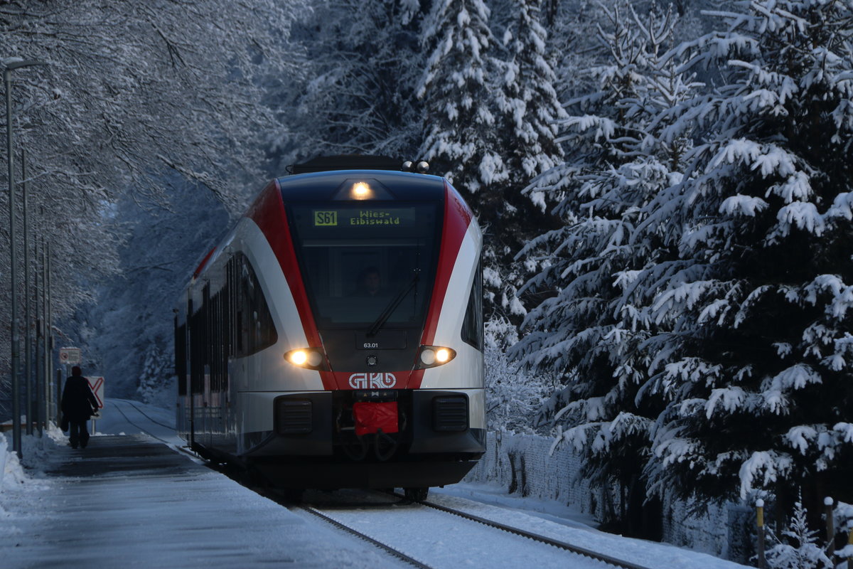Die Fahrgastfrequenz in der Haltestelle Hollenegg ist doch etwas geringer als an den anderen Haltestellen der Graz Köflacher Eisenbahn. Am 14.01.2017 verirrte sich dennoch ein Fahrgast dahin.
