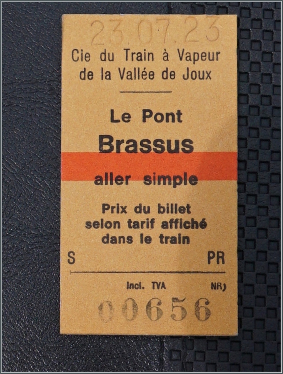 Die Fahrkarte für eine beschauliche Reise mit dem Dampfzug der CTVJ (Compagnie du Train à Vapeur de la Vallée de Joux) von Le Pont nach Le Brassus.

23. Juli 2023