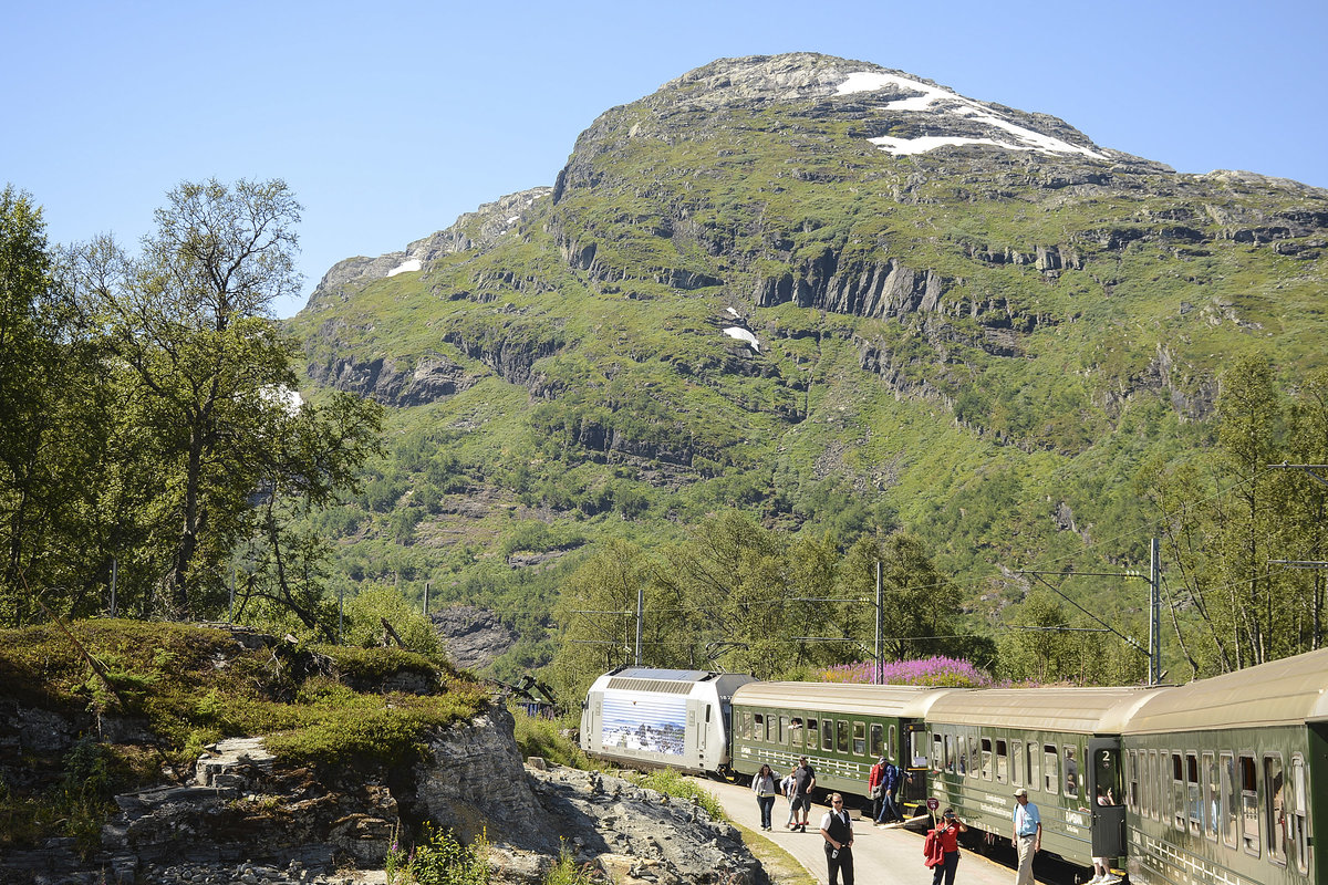 Die Flåmsbahn beui Myrdalsberget (682 Meter). Aufnahme: 13. Juli 2018.