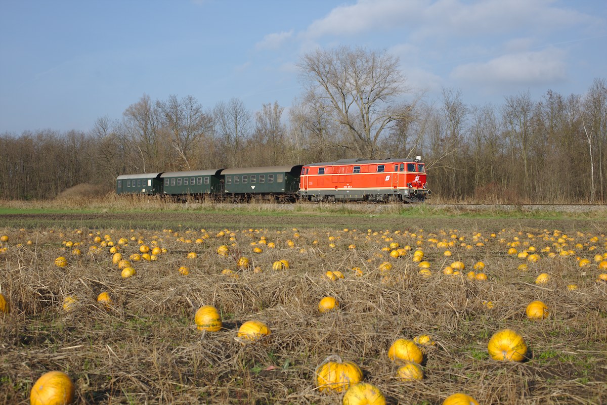Die frisch restaurierte 2143.70 auf der Pulkautalbahn ist hier auf einer perfekt organisierten Fotofahrt bei fantastischem Wetter kurz vor dem Bahnhof Laa a.d. Stadt zu sehen. (23.11.2014)