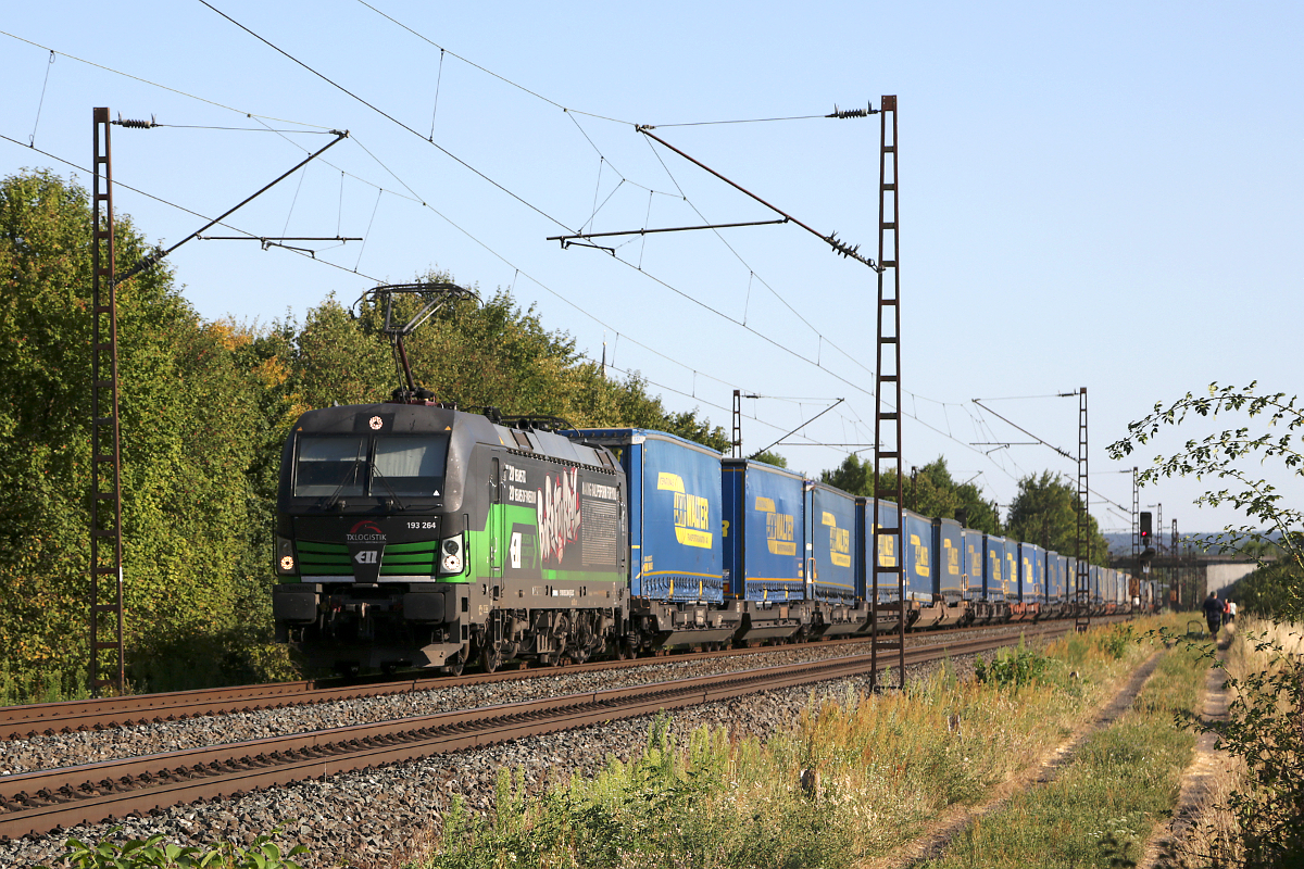 Die für TXL fahrende ELL 193 264 trägt den Schriftzug  born to rail . Am 06.08.2020 durchfährt sie mit Sattelauflegern Thüngersheim.