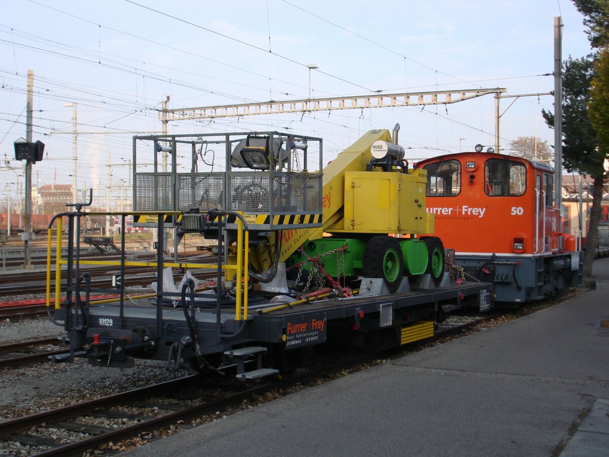 Die Furrer+Frey-P 10129 und Tm 2/2 50 am 29. Oktober 2007, abgestellt auf einem Abstellgleis des RBS im Bahnhof Solothurn.