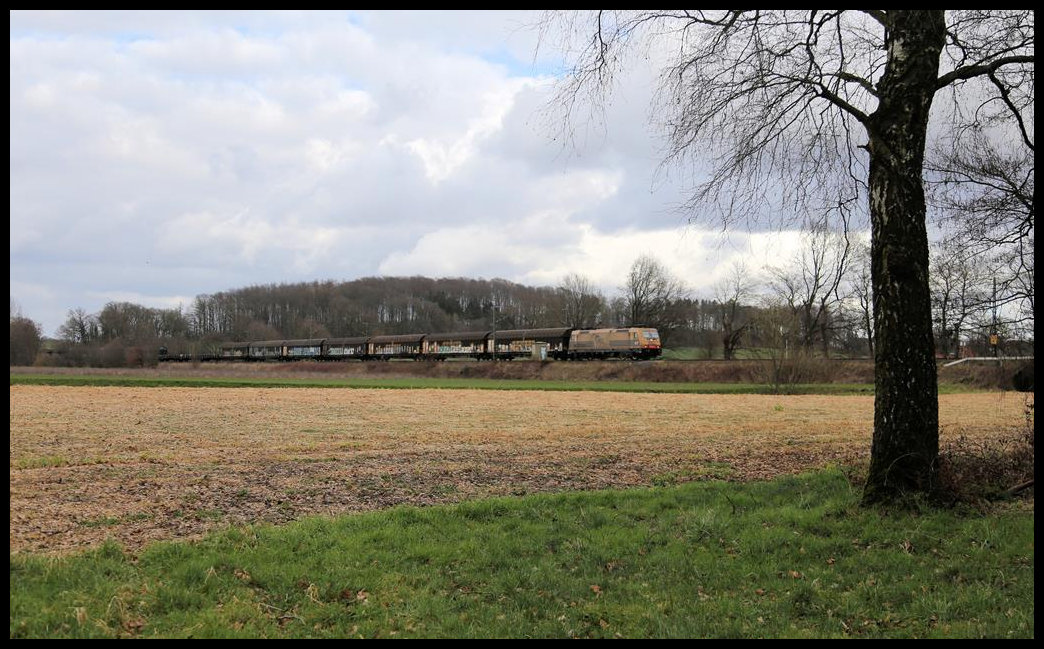 Die goldfarbene HSL 185597-2 ist hier am Goldbach, Ortsrand von Hasbergen, mit einem gemischten Güterzug am 16.3.2021 um 15.22 Uhr in Richtung Münster auf der Rollbahn unterwegs.