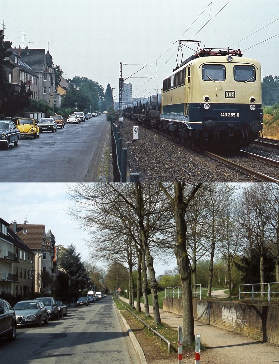 Die Güterzugstrecke Düsseldorf-Rath - Düsseldorf-Eller einst & jetzt: Die Strecke ist Bestandteil der Bahnverbindung von Duisburg-Wedau nach Köln-Mülheim und gehört bis heute zu den wichtigsten Güterverkehrsstrecken der DB. In Düsseldorf trennte sie bis zur Eröffnung des 2.053 m langen Staufenplatztunnels im Jahre 1982 die östlichen Stadtteile von der Innenstadt. Oben fährt 140 265-0 mit einem Güterzug 1980 kurz vor dem Bahnübergang am Staufenplatz entlang der Gutenbergstraße Richtung Süden. Man kann sich kaum vorstellen, welchen Belastungen die Anwohner bei bis zu 100 Güterzügen am Tag ausgesetzt waren. Davon ist 2010, als die untere Aufnahme entstand, nichts mehr zu ahnen, nicht nur der Wohnwert, sondern auch der Mietpreis in dieser ohnehin eher  feinen  Wohngegend dürfte sich drastisch erhöht haben. Der Bahntunnel verläuft rechts direkt neben der ehemaligen oberirdischen Strecke.