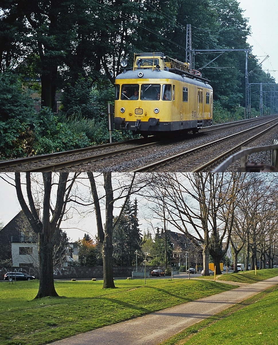 Die Güterzugstrecke Düsseldorf-Rath - Düsseldorf-Eller einst & jetzt: Die Strecke ist Bestandteil der Bahnverbindung von Duisburg-Wedau nach Köln-Mülheim und gehört bis heute zu den wichtigsten Güterverkehrsstrecken der DB. In Düsseldorf trennte sie bis zur Eröffnung des 2.053 m langen Staufenplatztunnels 1982 die östlichen Stadtteile von der Innenstadt. Auf dem oberen Bild fährt 702 050-4 im Jahr 1980 südlich des Bahnüberganges am Staufenplatz in Richtung Düsseldorf-Eller, heute verläuft, wie auf der unteren Aufnahme von 2010 zu sehen, auf der ehemaligen Bahntrasse der Heinzelmännchenweg.