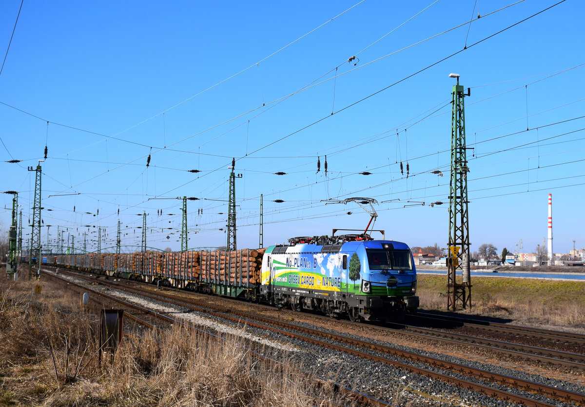 Die GySEV Cargo 193 837 mit einem Holzzug bei der Durchfahrt in Komáromer Rangierbahnhof.
Komárom, 13.02.2022.