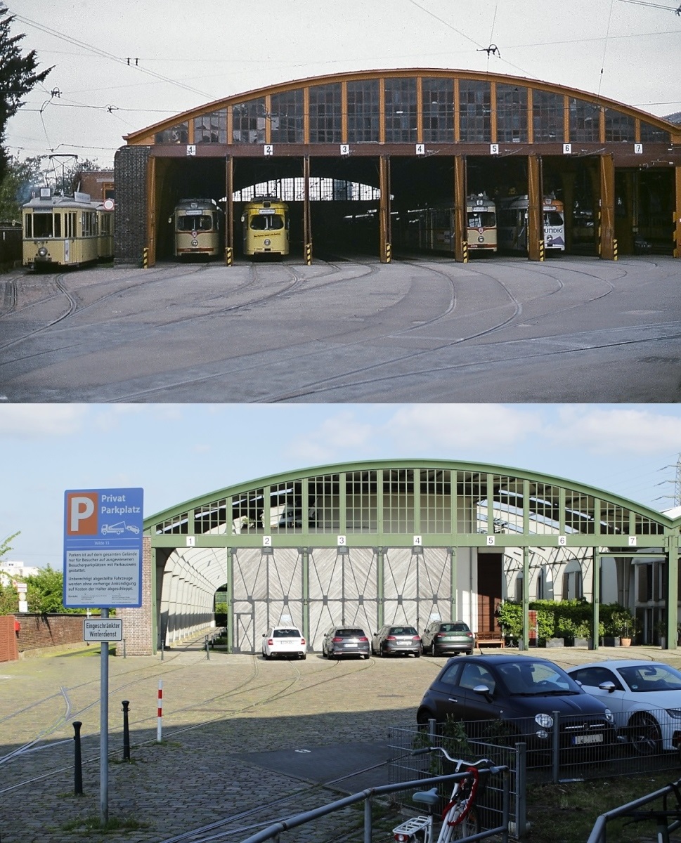 Die Halle des Straßenbahnbetriebshofes in Düsseldorf-Wersten im Sommer 1987 mit dem 1937 in Dienst gestellten Niederflurwagen 267 und einigen in der Wagenhalle abgestellten GT 6, darunter eine aktuelle Aufnahme vom 25.05.2023. Heute befindet sich unter der denkmalgeschützten Hallenkonstruktion das Wohnquartier  Wilde 13  mit 79 Eigentumswohnungen, dafür wurde die Hallendecke entfernt.