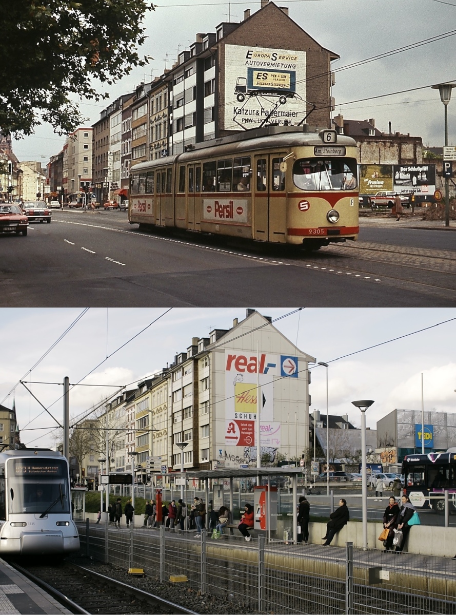 Die Haltestelle am Bahnhof Düsseldorf-Bilk (heute Bilk S) Einst & Jetzt: Seit 2016 endet hier der U-Bahn-Tunnel, den der NF8U 3335 am 04.03.2020 verlässt, etwa 40 Jahre vorher ist der Sechsachser 2305 an derselben Stelle unterwegs