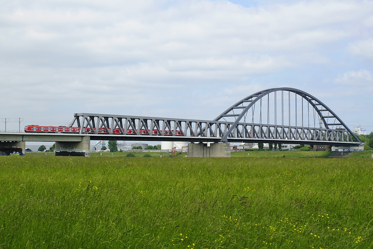 Die Hammer Eisenbahnbrücke mit einer 422-Doppeltraktion, die am 25.05.2023 als S 11 auf dem Weg von Düsseldorf-Flughafen nach Bergisch-Gladbach den Rhein überquert