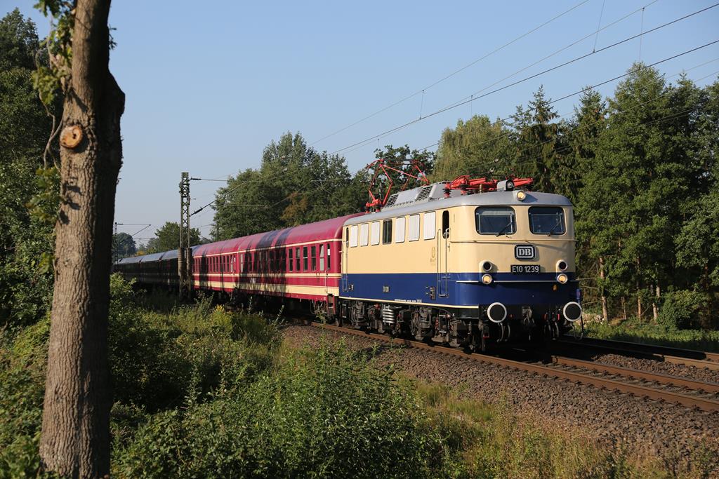 Die historische E 10 1239 kam am 31.08.2019 über die Rollbahn. Hier erreicht der Zug um 9.38 Uhr die Landesgrenze zu Niedersachsen am Ortsrand von Hasbergen. 