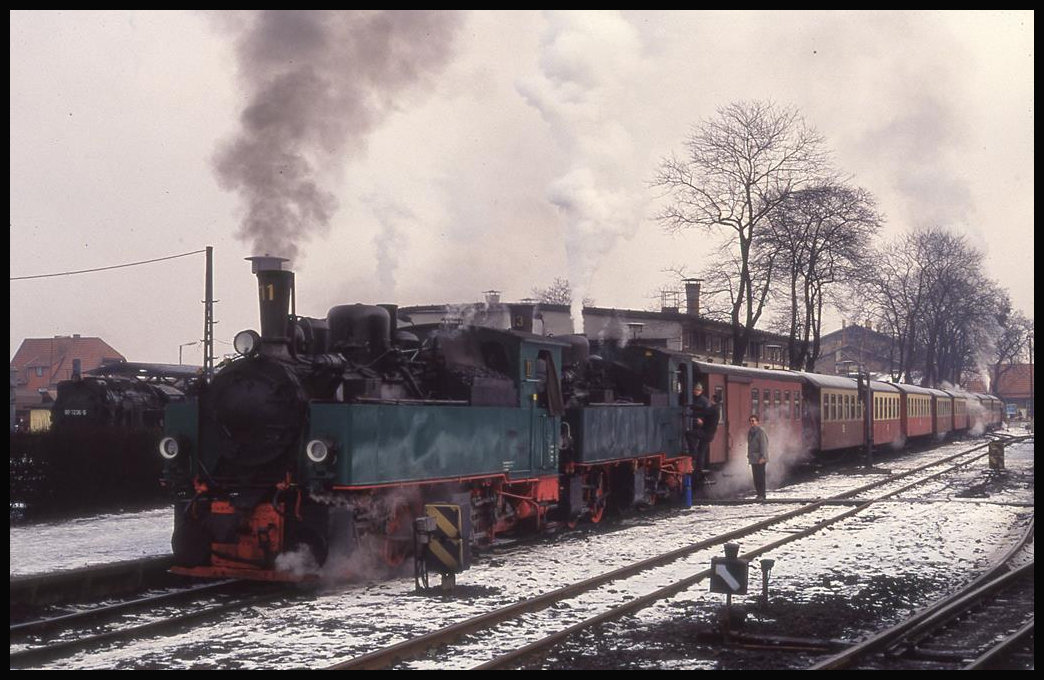 Die HSB Mallets 11 und 13 bespannen hier am 19.2.1994 um 8.36 Uhr in Wernigerode einen langen Personenzug zum Brocken.