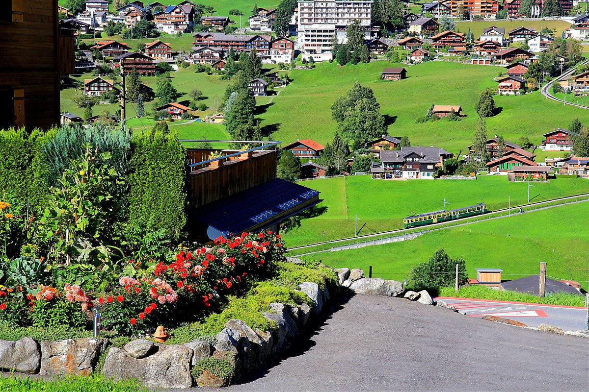 Die klassischen Wengernalpbahnzüge sind selten geworden, und noch seltener sind die Einsätze zum Bahnhof Grindelwald hinauf; meist enden die Entlastungszüge im Grund unten. Hier kommt die Komposition mit Triebwagen 111 und Steuerwagen 226 vom Bahnhof Grindelwald nach Grund zurück. 3.September 2019  