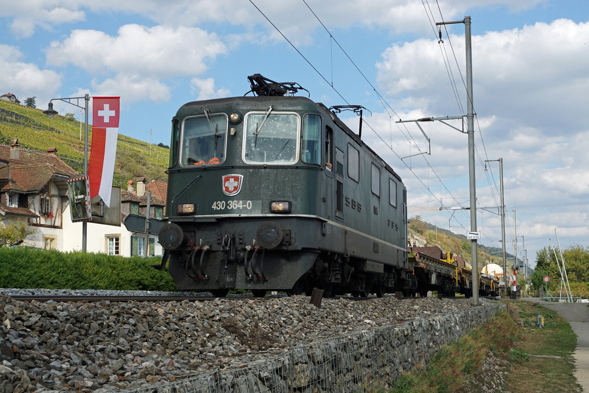 Die letzte grüne Re 430 364-0 beim Passieren der eingleisigen Strecke bei Ligerz am 28. September 2018.
Foto: Walter Ruetsch